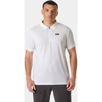 White Helly Hansen men's half-zip polo with logo on chest, short sleeves, and collar, size L.