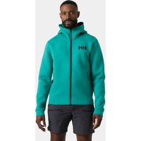Green Helly Hansen men's sailing jacket with full-zip, hood, and black logo on chest, worn by model.