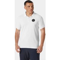 White Helly Hansen men's polo shirt with black logo on chest, short sleeves, and classic collar.