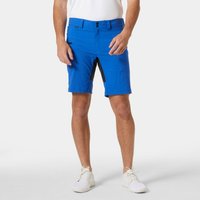 Blue Helly Hansen men's deck shorts with belt loops, zip fly, and side pockets, worn by model in white shoes.