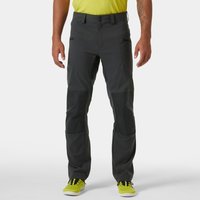 Grey Helly Hansen men's deck trousers with reinforced knees and zip pockets, worn with a yellow shirt and shoes.
