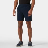 Navy Helly Hansen men's shorts, 9-inch length, with belt loops and side pockets, worn by a model.
