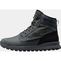 Grey Helly Hansen men's waterproof leather boots with lace-up design, padded collar, and rugged sole, size 12.5.