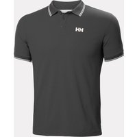 Black Helly Hansen quick-dry polo shirt with white logo on chest, ribbed collar, and striped trim, size XL.
