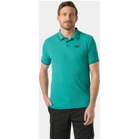 Green Helly Hansen men's quick-dry polo shirt, short sleeves, buttoned collar, size XL, worn by a model.