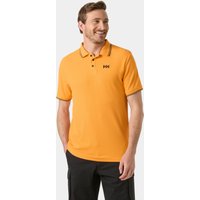 Orange Helly Hansen men's polo shirt with quick-dry fabric, black trim, and logo on chest, size M.