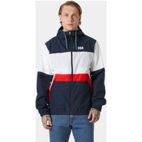 Navy Helly Hansen men's rain jacket with white and red accents, hood, and front zipper, size M.