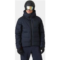Navy Helly Hansen puffy ski jacket with hood, zip closure, and insulated padding, worn by model with helmet and goggles.