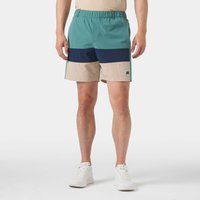 Green Helly Hansen men's Levante shorts, color-blocked with beige and navy, elastic waistband, size S.