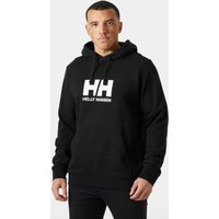 Black Helly Hansen men's hoodie with large white logo on chest, drawstring hood, and ribbed cuffs.