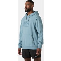 Navy Helly Hansen men's hoodie with logo on chest, drawstring hood, and front pocket, size L.