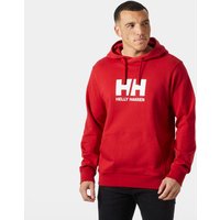 Red Helly Hansen men's hoodie with white logo on chest, drawstring hood, and ribbed cuffs, size S.