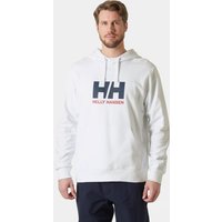 White Helly Hansen men's hoodie with large navy and red logo on chest, drawstring hood, and ribbed cuffs.