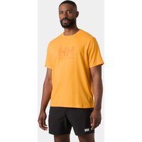 Orange Helly Hansen men's T-shirt with logo on chest, short sleeves, crew neck, worn by a model.
