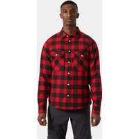 Red and black checkered flannel shirt with button-down front and chest pockets, worn by a male model.