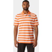 Orange and white striped Helly Hansen men's polo shirt with collar and small chest logo.