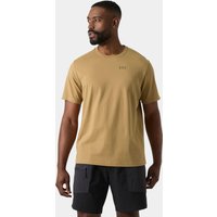 Brown Helly Hansen men's graphic T-shirt, size L, with small logo on chest, worn by a model with black shorts.
