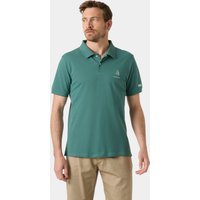 Green Helly Hansen men's polo shirt, fitted style, with graphic logo on chest, size XL, worn by a model.