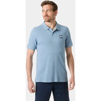 Navy fitted polo shirt with short sleeves, buttoned collar, and Helly Hansen logo on chest.