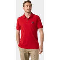 Red Helly Hansen men's fitted polo with graphic logo on chest, short sleeves, and buttoned collar, size XL.