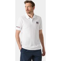 White Helly Hansen men's fitted polo with graphic logo on chest, short sleeves, and buttoned collar.