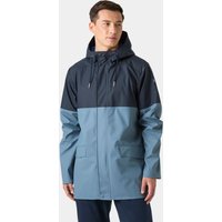 Navy and light blue Helly Hansen raincoat with hood, front pockets, and adjustable drawstrings, size 2XL.