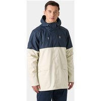 White and navy Helly Hansen men's raincoat with hood, front zipper, and adjustable drawstrings, size L.