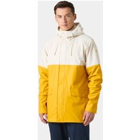 Yellow and white Helly Hansen men's raincoat with hood, front zipper, and two large pockets.