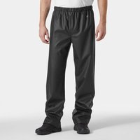 Black Helly Hansen men's shell trousers with elastic waistband and straight legs, size L.