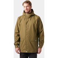 Brown Helly Hansen men's windproof raincoat with hood, front zipper, and snap closures, size S.