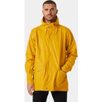 Yellow Helly Hansen men's raincoat, windproof with hood, front zipper, and pockets, size XL.