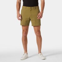 Brown Helly Hansen men's shorts, 6-inch length, with side pockets and button closure, worn by a model in a black shirt.