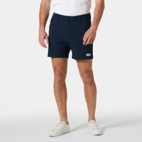 Navy Helly Hansen men's shorts, 6-inch length, elastic waistband, small logo on left leg, worn by model with white shoes.