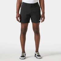 Black Helly Hansen men's quick-dry shorts, 6-inch length, mid-rise, with side pockets and logo on left hem.