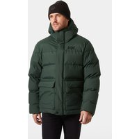 Green Helly Hansen men's puffy jacket with hood, front zipper, and two large front pockets, worn by a model.