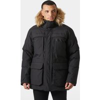 Black Helly Hansen men's winter parka, 2XL, with fur-lined hood and multiple front pockets.