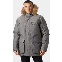 Grey Helly Hansen men's winter parka with faux fur hood, large front pockets, and logo on chest.