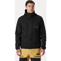 Black Helly Hansen men's hooded insulator jacket, lightweight design, front zipper, subtle logo on chest, size M.