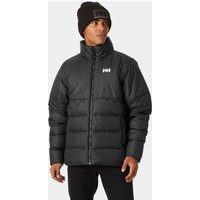 Black Helly Hansen men's puffy jacket, XL, with high collar and front zipper, featuring logo on chest.
