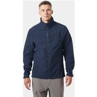 Navy Helly Hansen softshell jacket with athletic cut, full zip, high collar, and adjustable cuffs.
