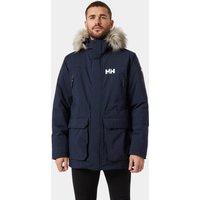 Navy Helly Hansen men's winter parka with fur-trimmed hood, front pockets, and white logo on chest.