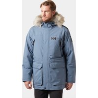 Navy Helly Hansen men's winter parka with faux fur hood, front pockets, and HH logo on chest, size XL.