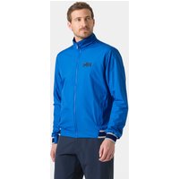 Blue Helly Hansen men's windbreaker sailing jacket, zip-up front, high collar, white and navy striped cuffs, size S