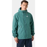 Green Helly Hansen men's rain jacket with hood, zip closure, and logo on chest, size L.