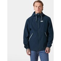 Navy Helly Hansen men's rain jacket with hood, front zipper, and white logo on chest, size 2XL.