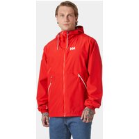 Red Helly Hansen men's rain jacket, hooded with front zipper, white logo on chest, size S.