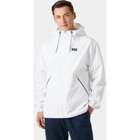 White Helly Hansen men's rain jacket with hood, zip closure, and logo on chest, size XL.