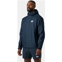 Navy Helly Hansen rain jacket, hooded, long-sleeved, with white logo on chest, size 3XL.