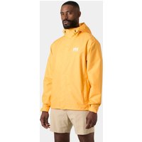 Orange Helly Hansen men's rain jacket with hood, front zipper, and logo on chest, size L.