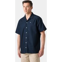 Navy short sleeve button-up shirt with collar, chest pocket, and small logo on left chest.